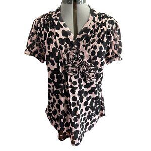 INC Womens XL Black & Pink Animal Print Top With Rosette Detail Short Sleeves